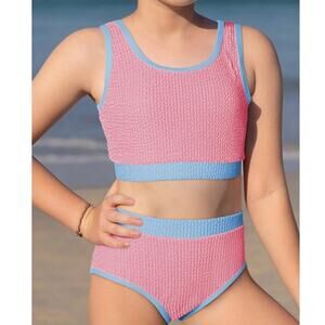 Girls Pink Blue Textured Bikini Set High Waisted 2 Piece L Swim Size 8-9Y